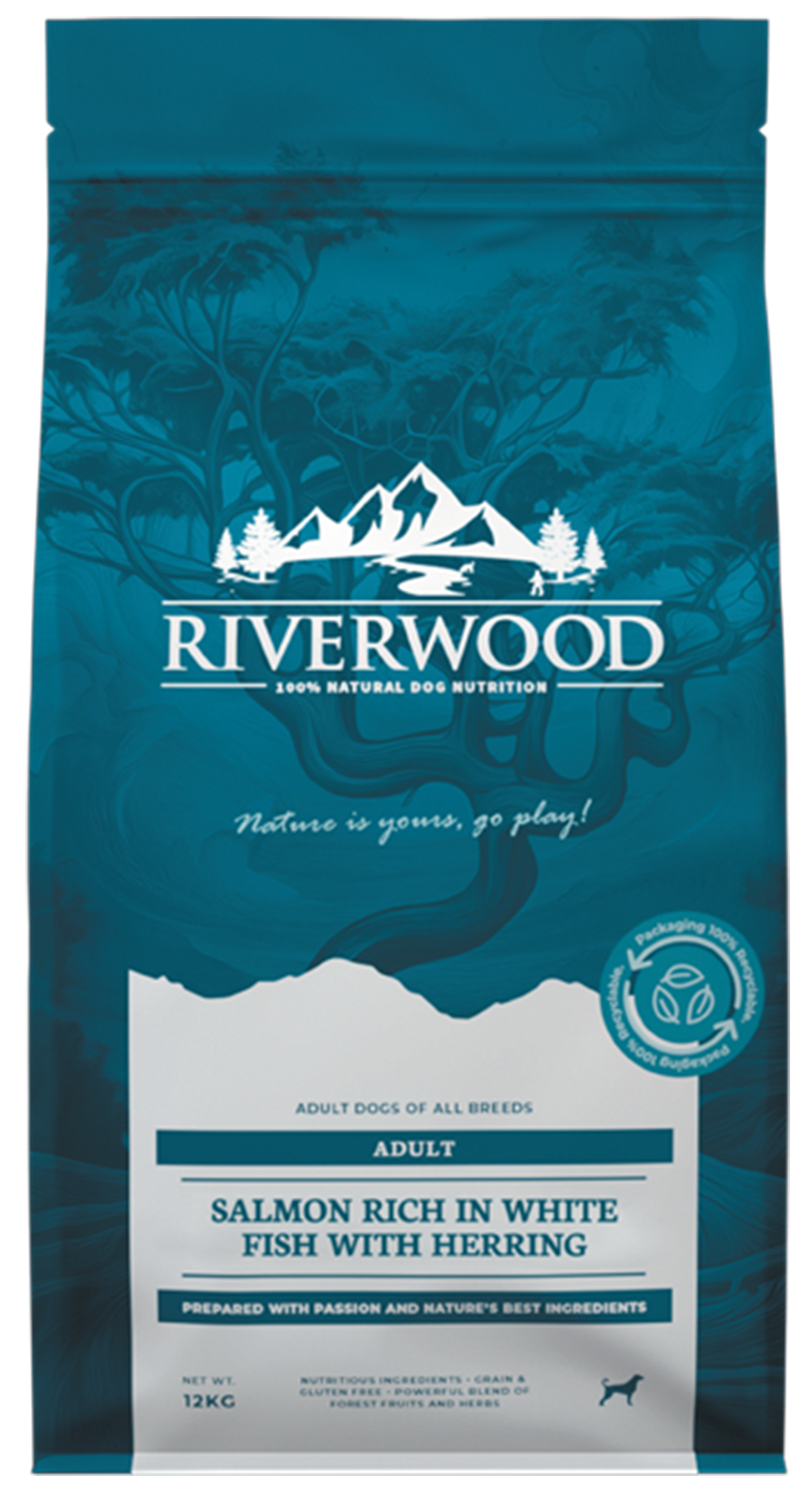 RIVERWOOD ADULT ZALM & WITVIS MET HARING 12 KG